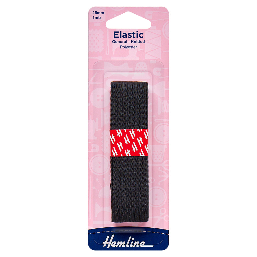 Hemline Elastic - General Knitted Elastic - 25mm wide - Black (1m length)