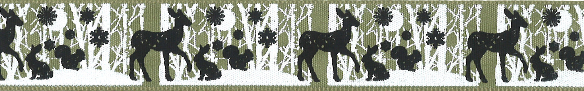 Berisfords Woven Ribbon with Woodland Animals - Cloudy Green 25mm