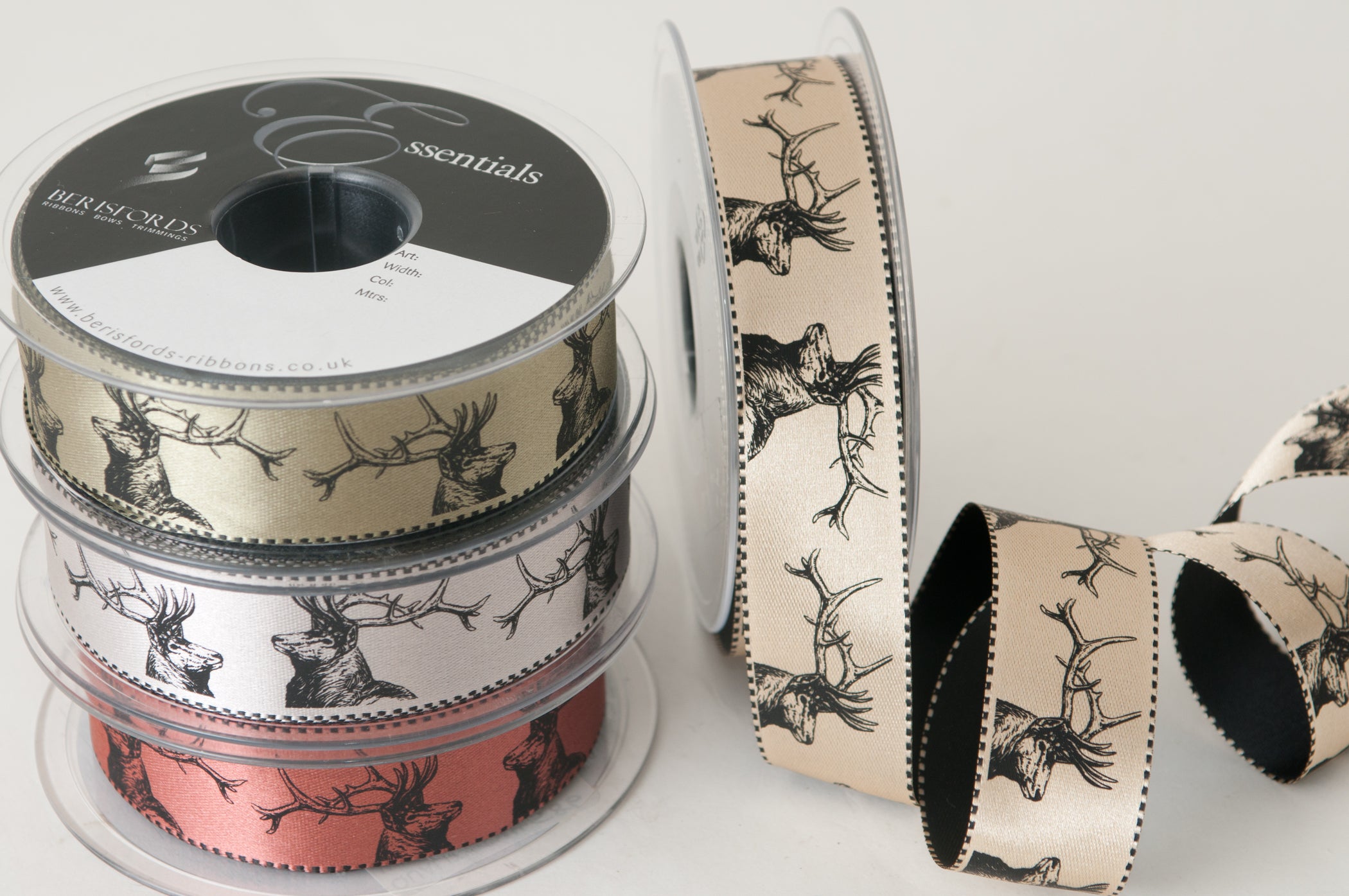 Berisfords Satin Ribbon with Stag Print - Silver Grey 25mm